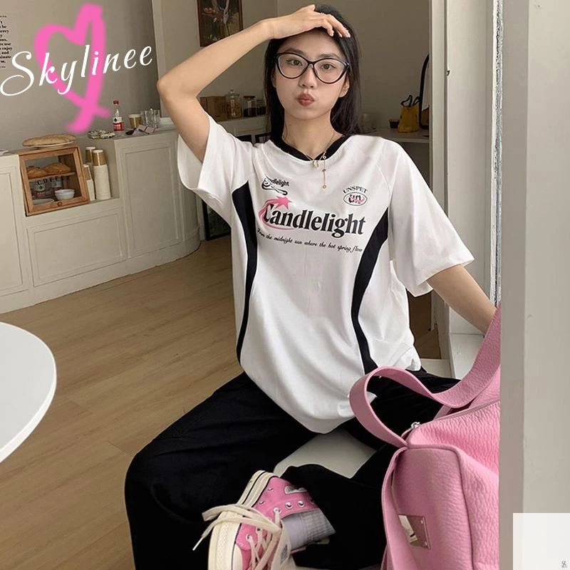 พร้อมส่ง Y2K สีขาวเสื้อยืด แฟชั่น ผู้หญิง เสื้อยืดแขนสั้นสไตล์วินเทจ Retro สำหรับผู้หญิง SL