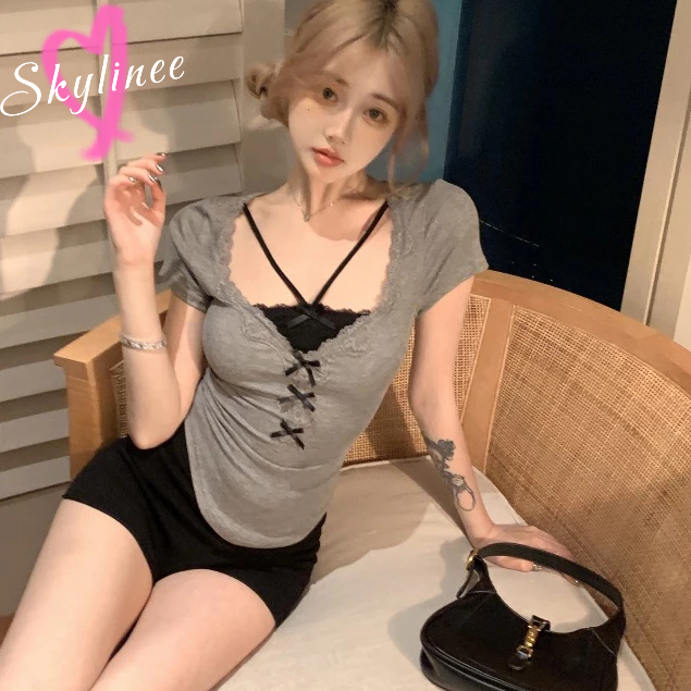 พร้อมส่ง Jackie Top เสื้อครอปคอกลมแขนสั้นดีเทลมีเชือกผูกโบว์ที่คอแฟชั่นสุดปัง ผ้านุ่มใส่สบาย SL