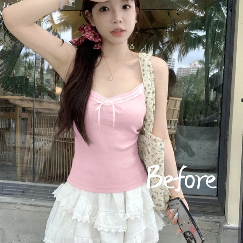 โบว์ขอบลูกไม้ Camisole ผู้หญิงฤดูร้อนอินเทรนด์ Slim FITTING TOP สาวเผ็ดสั้น BF