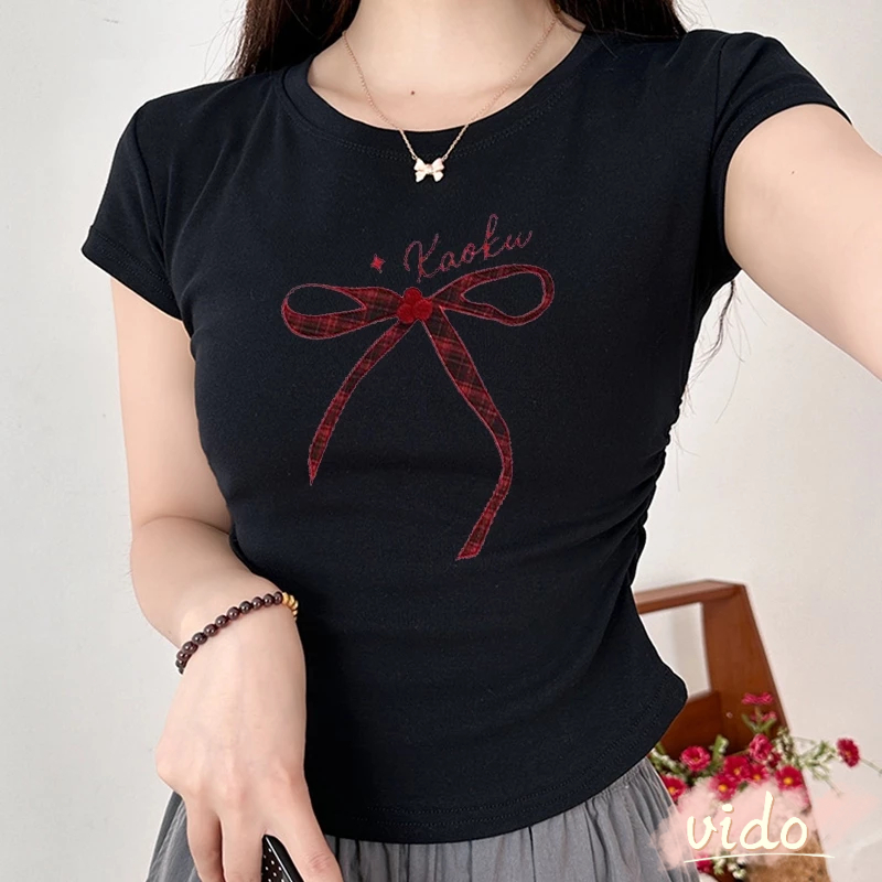 โบว์แขนสั้นเสื้อยืดผู้หญิงฤดูร้อนสั้นเสื้อยืดการออกแบบความรู้สึกบางพอดีด้านบน VIDO