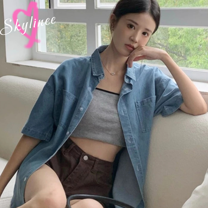 เสื้อเชิ้ตยีนส์แขนสั้นผู้หญิงลำลองความรู้สึกการออกแบบเสื้อบางหลวมเสื้อกระดุมแถวเดียว SL