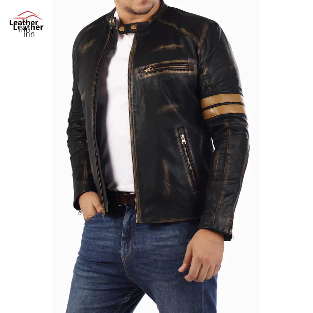 Cafe Racer Genuine Lambskin Leather Jacket-Black-Blue-Brown