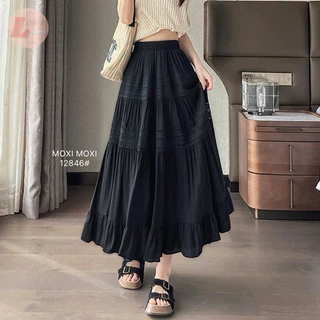 Lady_jeans#12846(H)กระโปรงยาว เอวสูง ทรงย้วย เอวยืด ต่อระบายเป็นชั้นๆ งานมีซับใน สวยมากรุ่นนี้