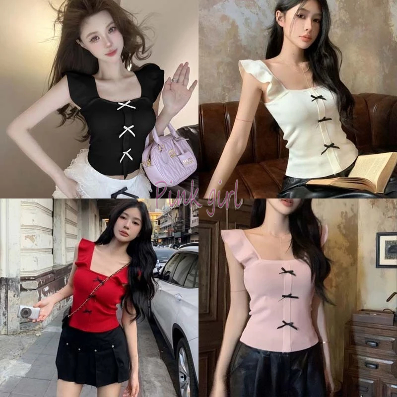 💋Pink girl💋​พร้อมส่ง เสื้อกล้ามไหมพรม แต่งแขนระบายน่ารักสไตล์เกาหลี ดีเทลติดโบว์ "AC05"