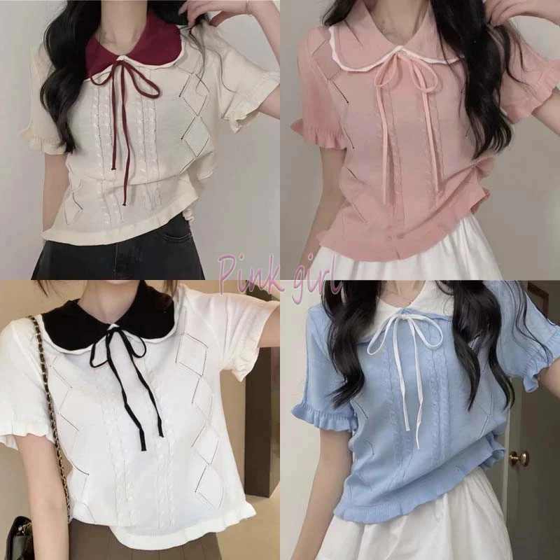 💋Pink girl💋พร้อมส่ง เสื้อยืดไหมพรม คอปก แขนสั้น ผ้าบางเบา เกาหลีสไตล์ ดีเทลลายผ้าผูกโบว์ "MT717-1"