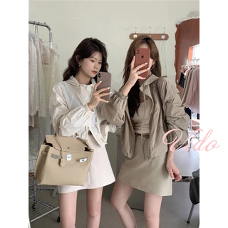 M-XL แจ็คเก็ตสั้นผู้หญิง สีทึบ ดีไซน์หรู เนื้อบางเบา ดรอว์สตริง ปรับเอวได้ ใส่ได้ทุกวัน กันลม ราคาถูก VIDO
