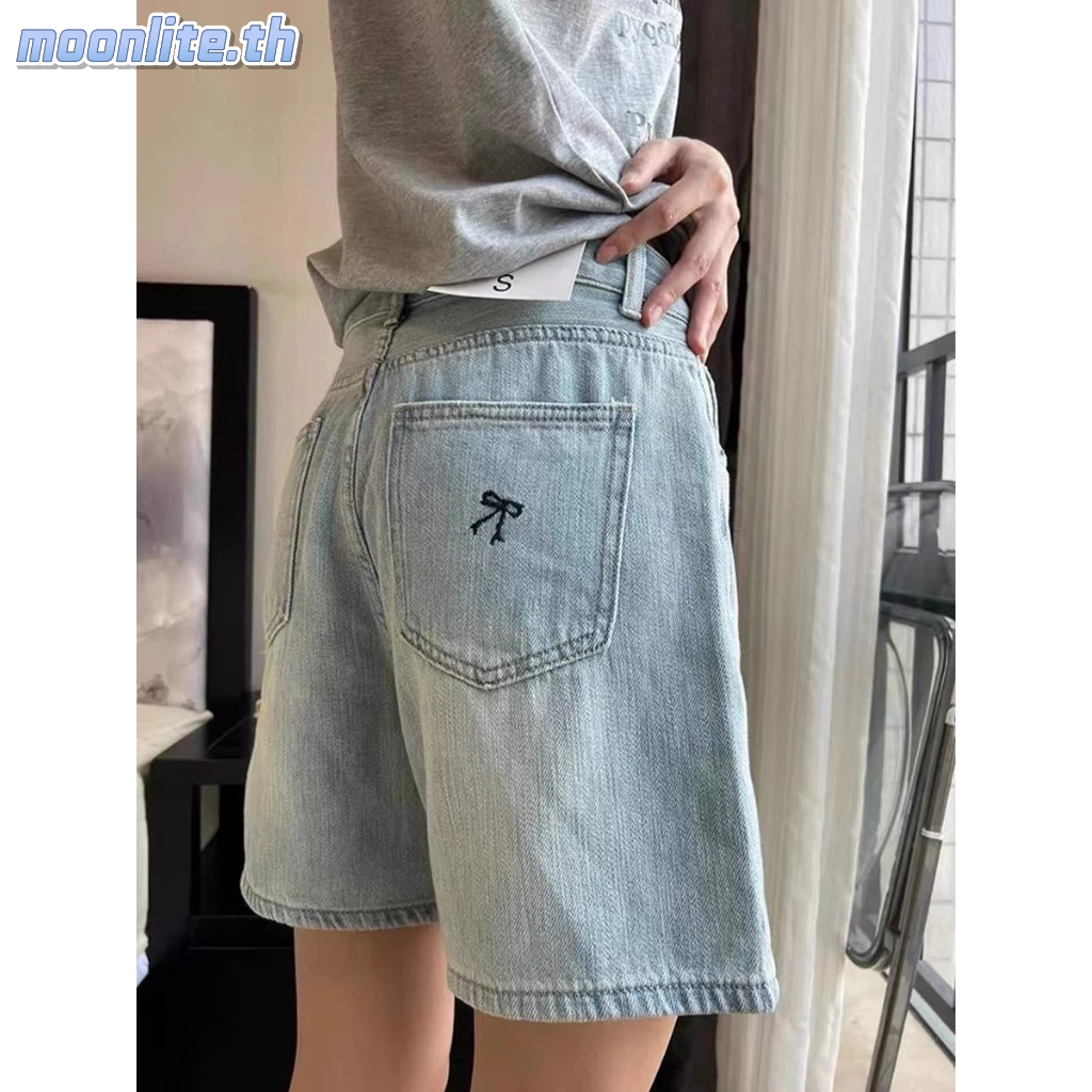 กางเกงขาสั้นผ้ายีนส์ปักโบว์ดีไซน์ใหม่สำหรับผู้หญิง กางเกงขาสั้นเอวสูงขากว้างไซส์ใหญ่สำหรับคนอ้วน MM