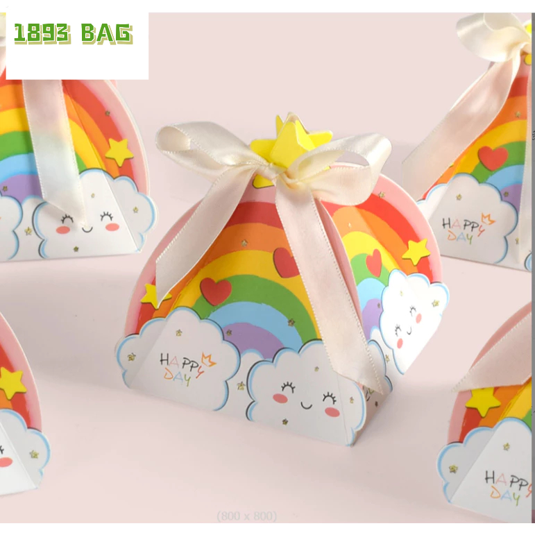 🍭 10ชิ้น/แพ็ค กล่องของขวัญ ผูกโบว์ ทรงพีรามิด ลายสายรุ้ง 7 สี น่ารัก กระดาษหนา พร้อมส่ง