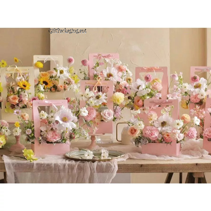 รุ่นแนะนำ..กล่องดอกไม้วันวาเลนไทน์ กระเช้าจัดอกไม้ กล่องกระดาษจัดของดอกไม้ พร้อมส่งจากไทย