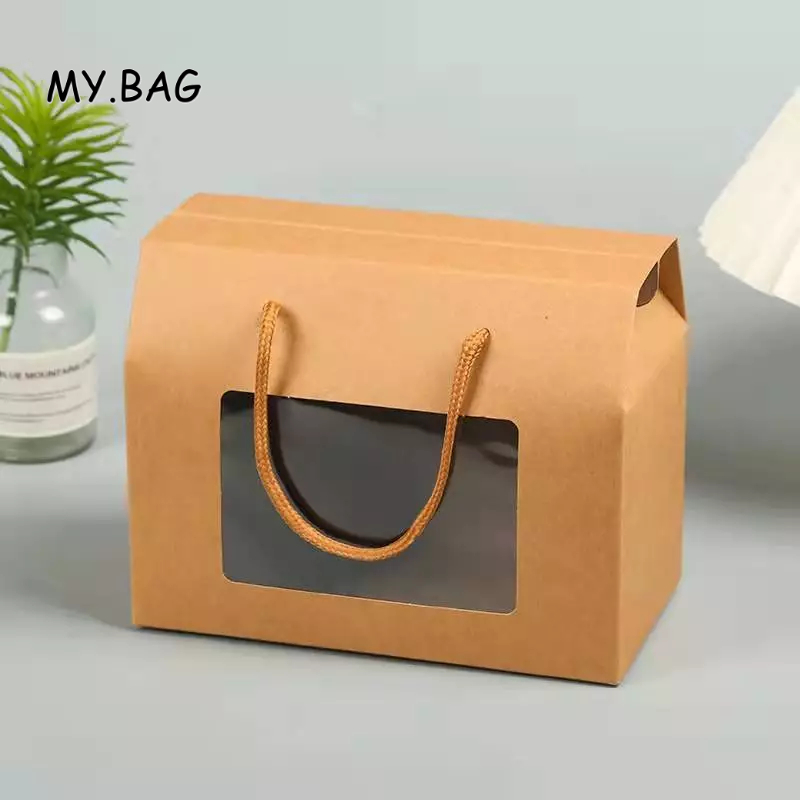 🌷🌷BAG🌷🌷 กล่องของขวัญ ใส่ขนม เบเกอรี่ กระดาษคราฟท์ เจาะหน้าใส มีหูเชือกหิ้ว (สินค้าพร้อมส่ง)