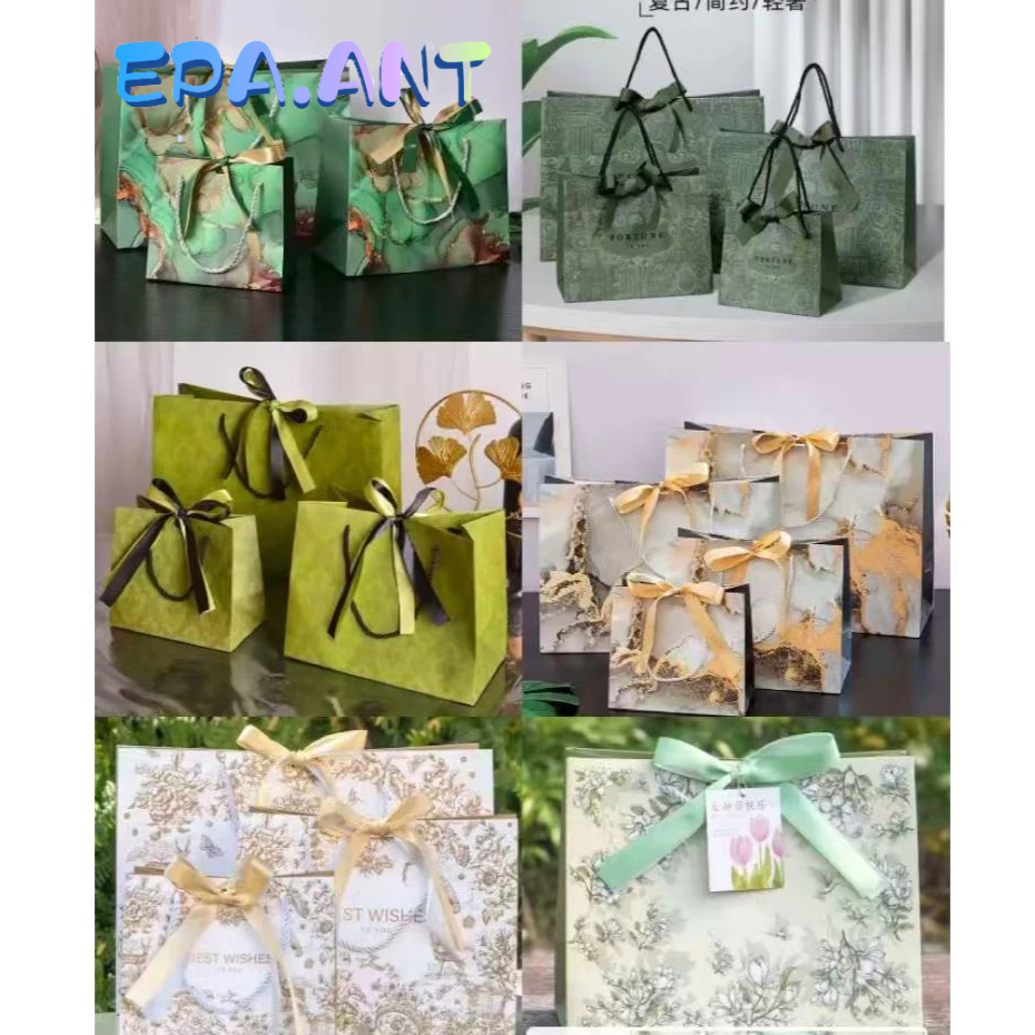 ꒰1ใบ꒱ถุงกระดาษ BEST WISHES โทนสีขาว*:･ทอง (หูหิ้วแยก) ริบบิ้นทูโทน สีทอง-เงิน