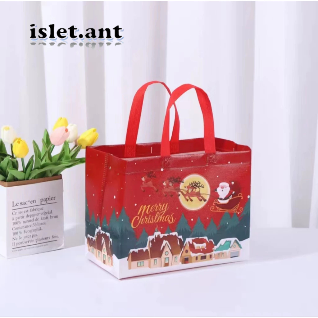 🍉IL🍉พร้อมส่ง กระเป๋าผ้า แฮนด์เมด ลายการ์ตูนคริสต์มาส ซานตาคลอส ถุงผ้าไม้ทอ หูหิ้ว