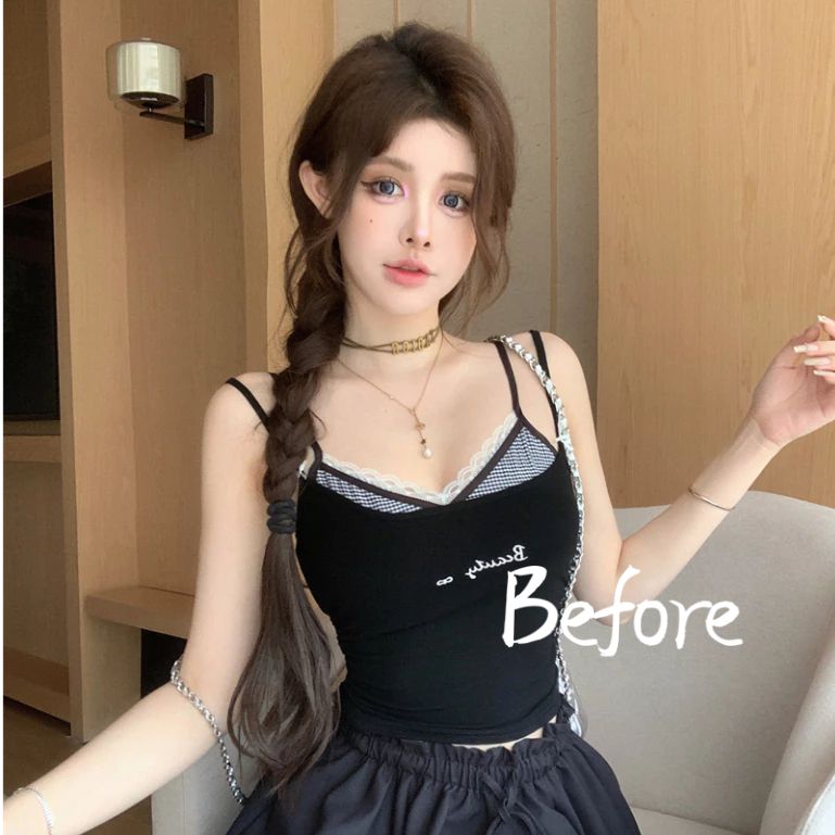 ลูกไม้ลายสก๊อต Camisole ผู้หญิงเซ็กซี่สีตัดกัน TOP Girlish ขี้เล่นปลอม 2 ชิ้น BF