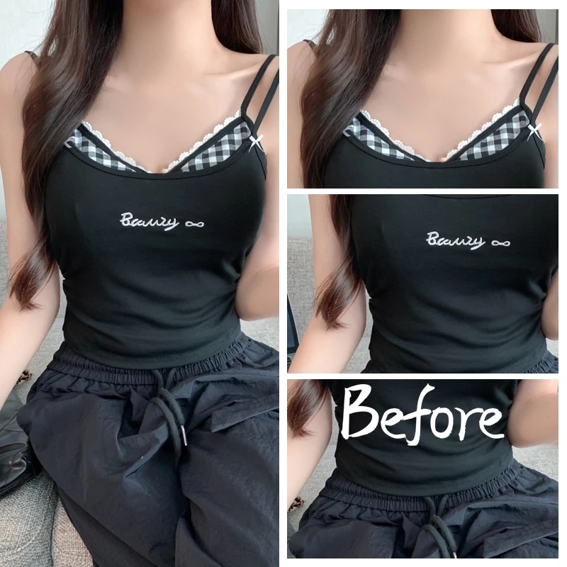 ลูกไม้ลายสก๊อต Camisole ผู้หญิงเซ็กซี่สีตัดกัน TOP Girlish ขี้เล่นปลอม 2 ชิ้น BF