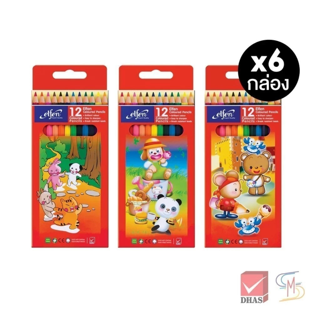 (แพ็ค 6) Elfen เอลเฟ่น สีไม้ ดินสอสีไม้ แท่งยาว 12 สี จำนวน 6 กล่อง