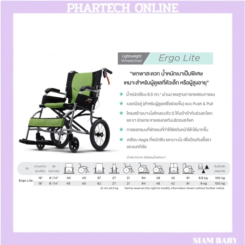 รถเข็นผู้ป่วย รถเข็นวีลแชร์ รถเข็นอัลลอยด์ KARMA S-ERGO LITE 2501 สีเขียวล้อเล็ก14นิ้วน้ำหนักเบามากๆ
