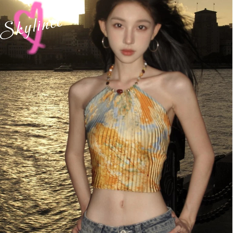 พร้อมส่ง เสื้อคล้องคอทรงสายเหลี่ยม ผูกหลัง ดีเทลลายมัดย้อม สวยเก๋ไม่ซ้ำใคร SL