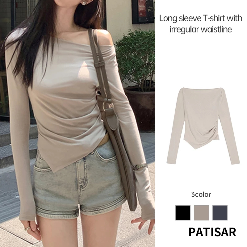 ปิดไหล่เสื้อยืดผู้หญิงบางกระชับBottomingเสื้อเอวRetractionเสื้อยืดแขนยาว PR