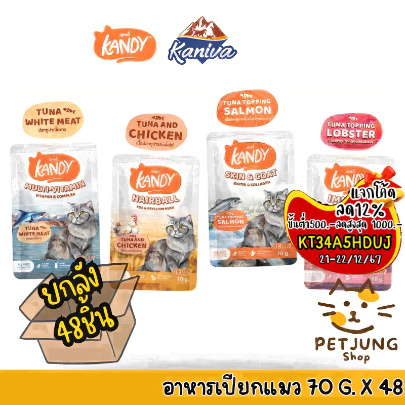[ยกลัง 48 ซอง] Kandy แคนดี้ อาหารเปียกแมว ไม่ใส่เกลือ ผลิตจากปลาเนื้อขาว ขนาด 70 กรัม
