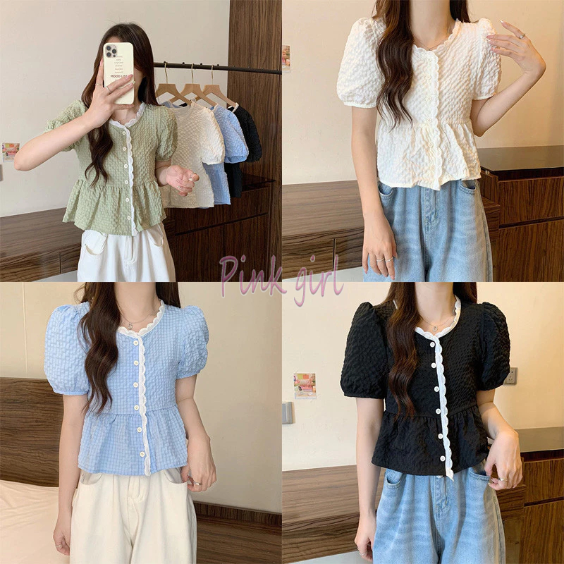 💋Pink girl💋พร้อมส่ง เสื้อไหมแขนสั้น ไหมพรมทรงเกาหลีคอเสื้อแต่งลายลูกไม้น่ารักมาก "60109"
