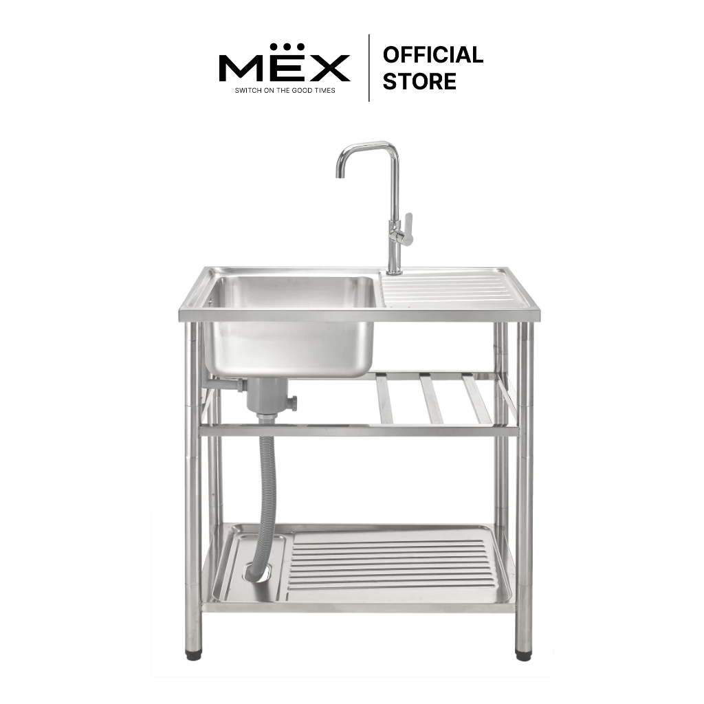 MEX รุ่น PSC80ML อ่างล้างจานพร้อมขาตั้ง 1 หลุม 1 ที่พัก ขนาด 80 x 50 ซม. สเตนเลส สตีล AISI 304 หนา 0.6 มม.