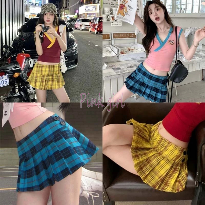 💋Pink girl💋พร้อมส่ง  กระโปรงขาสั้นทรงพลีส ดีเทลลายสก๊อต ผ้าสองแบบวายทรูเค "2978-1-NZ-XM/2978-NZ-XM"