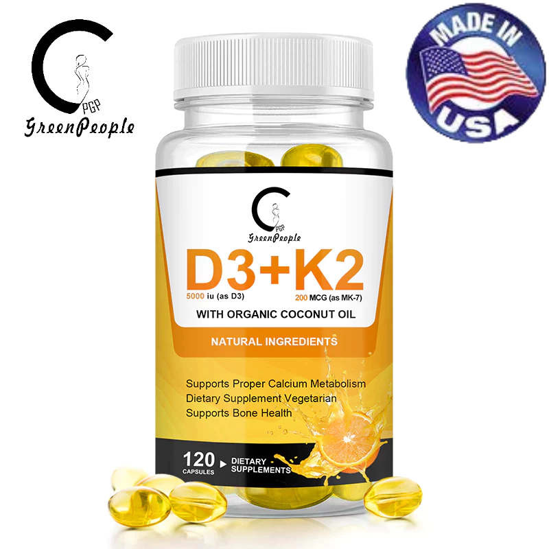 GPGP D3+K2,5000 IU วิตามิน D3 และ,200 mcg วิตามิน K2,กล้ามเนื้อ,Heart Health Support,immmune,Calcium Absorption 120 PCS