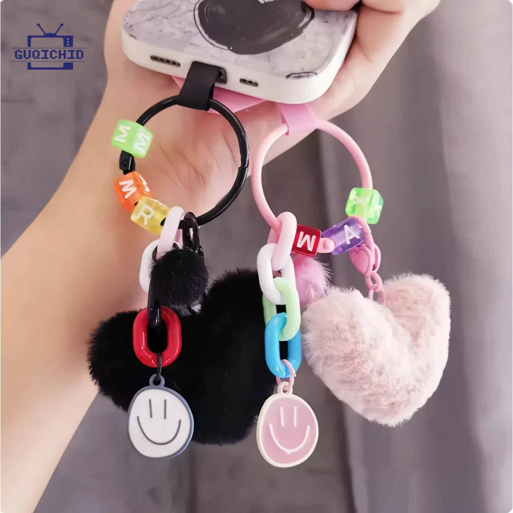 สายคล้องโทรศัพท์มือถือพวงกุญแจรถยนต์ห้อยโทรศัพท์รูปหัวใจตุ๊กตา จี้กระเป๋า ลูกปัดตัวอักษรสร้างสรรค์ จี้ห้อยกระเป๋า