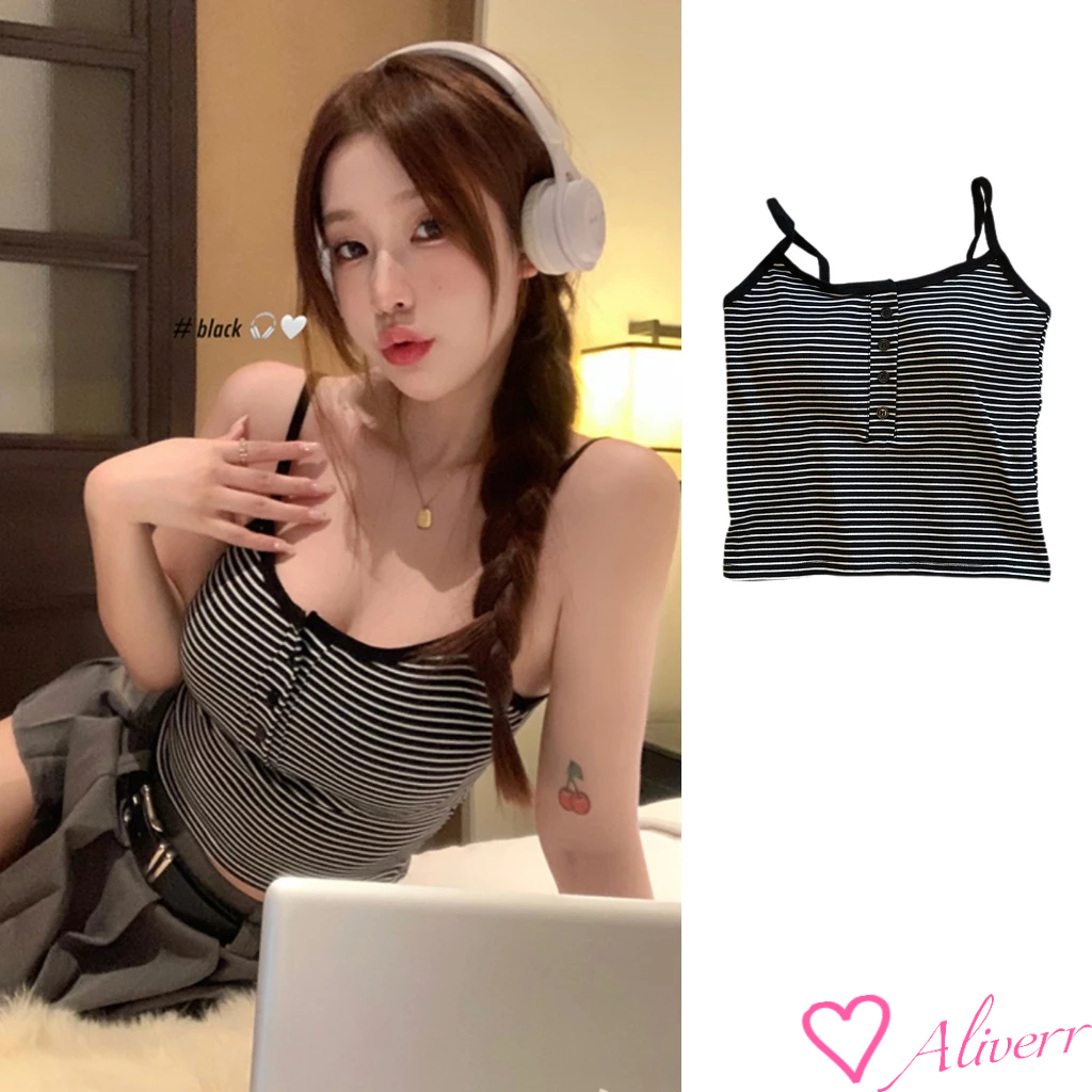 พร้อมส่ง เสื้อสายเดี่ยว ฟองน้ำในตัวเย็บติดเนื้อผ้า ลายทาง พร้อมแผ่นรองหน้าอก ทรงสวยใส่สบายผ้านิ่มตกเเต่งกน LIVE – โปรปัง