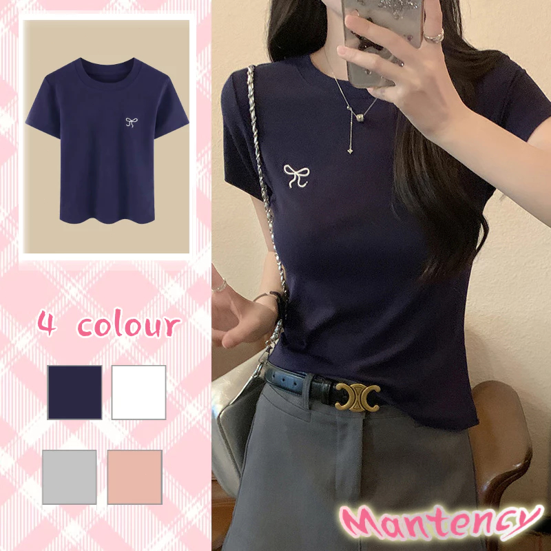 เสื้อยืดแขนสั้นปักโบว์ เสื้อคอกลมสีทึบ เสื้อยืดสั้นทรงเข้ารูป-MTY