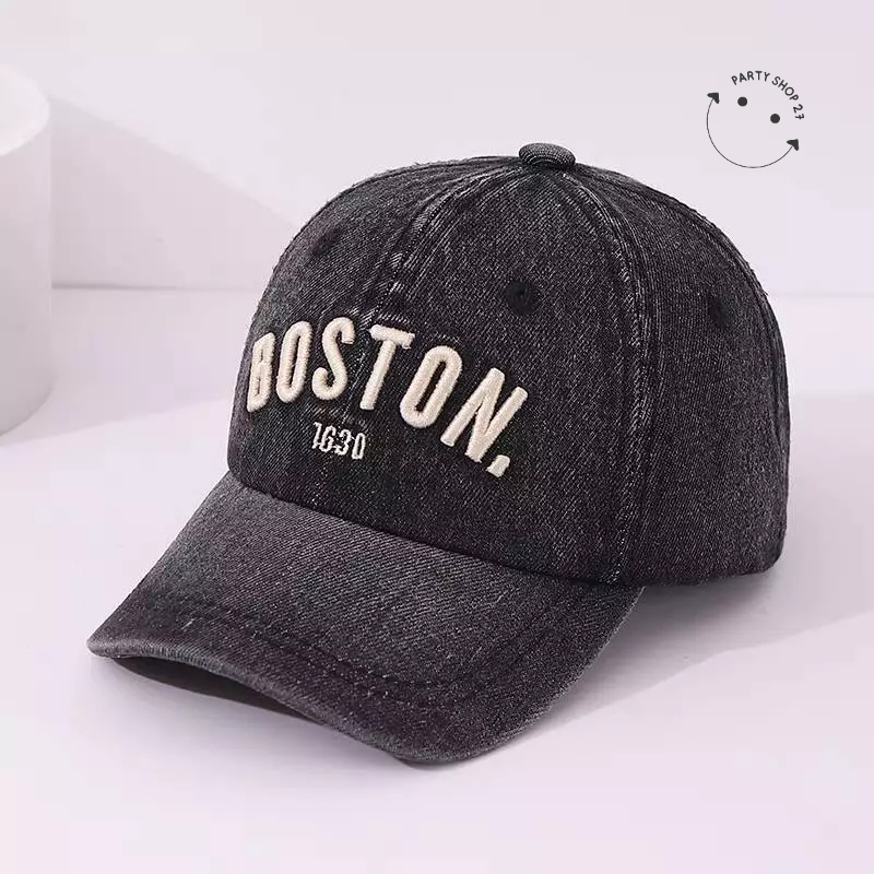 หมวกเด็กอายุ 2-8 ปี รอบหัว 52-54 ซม. หมวกแก๊ปผ้ายีนส์ ฟอกเฟด ปักคำว่า BOSTON 1630 หมวกแฟชั่นเด็ก สามารถปรับขนาดได้