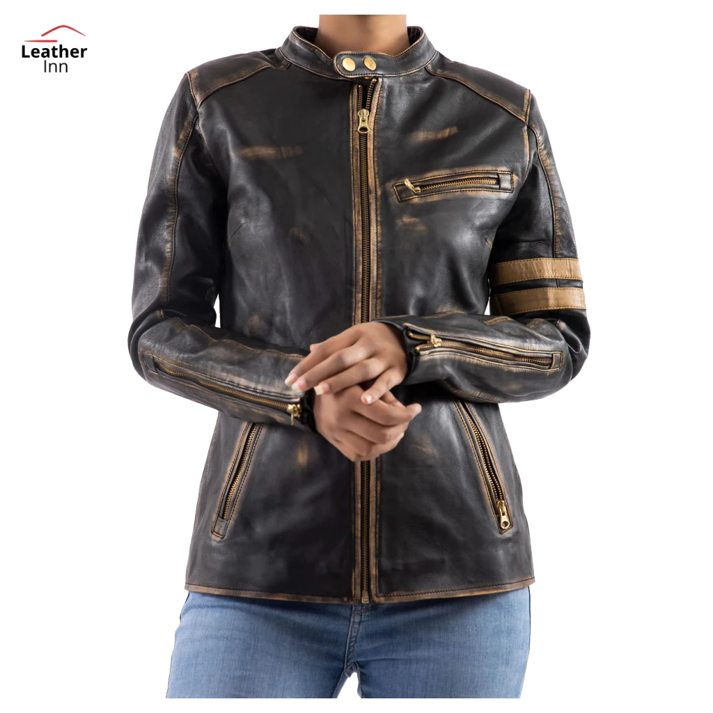 Distressed Café Racer Vintage Leather Jacket Women-Black-Blue-Brown