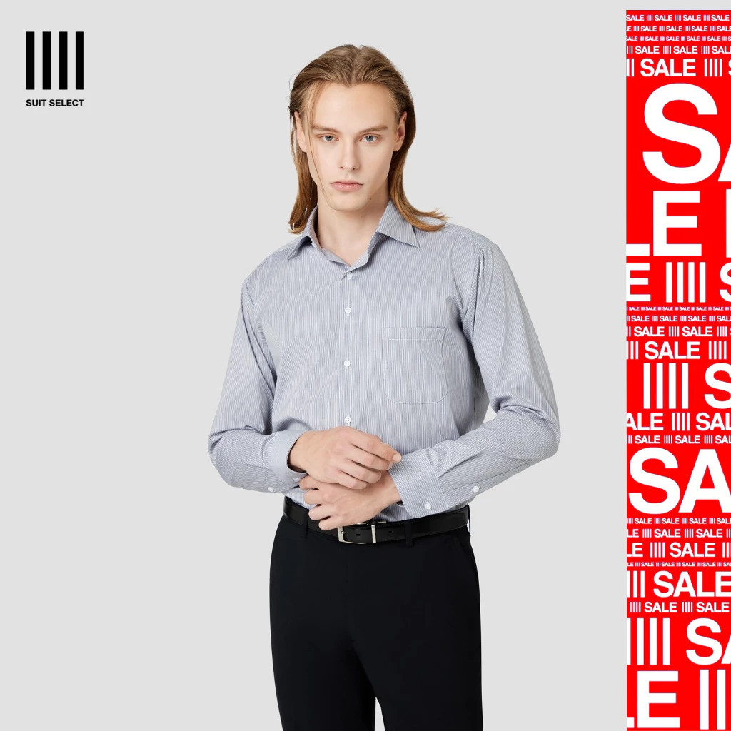 SUIT SELECT Wide Spread Stripe Shirt (Gray) เสื้อเชิ้ตสีเทาลายทางแขนยาว - รุ่น 16