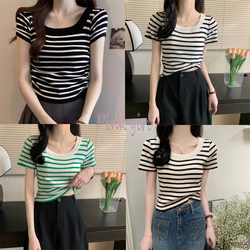 💋Pink girl💋พร้อมส่ง ซัมเมอร์ เสื้อคอกลมแขนสั้น ผ้าถัก ลายทางเกาหลี น่ารัก ใส่สบาย ท็อปส์ซูผู้หญิง"88618" -C