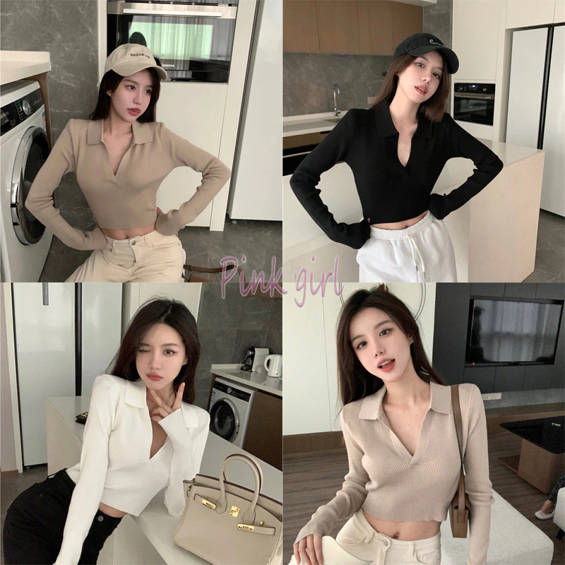 💋Pink girl💋 พร้อมส่ง เสื้อแขนยาวไหมพรม คอปกดีเทลแหวกผ้าร่องใส่สบายสไตล์เกาหลี "8K38"