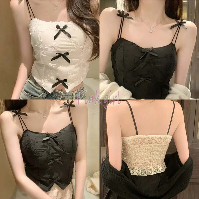 💋Pink girl💋​พร้อมส่ง เสื้อสายเดี่ยว มีฟองน้ำ ลายโบว์น่ารัก มี3สี "FY655" -H