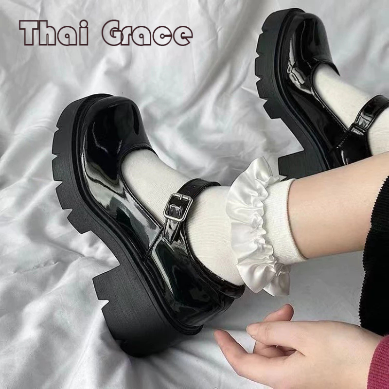 TG รองเท้าแมรี่เจน รองเท้าส้นเข็มหัวมน แฟชั่นสำหรับผู้หญิง นักเรียน สูง 7 ซม. มี 3 สี