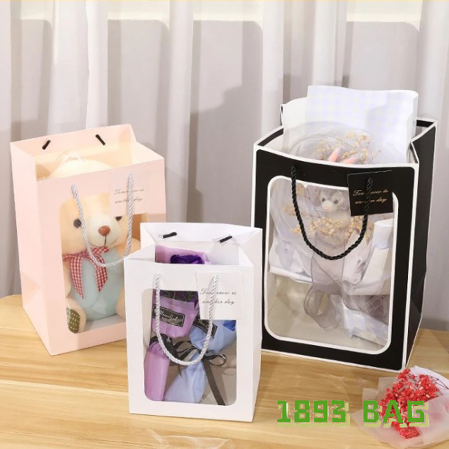 🍭 ถุงใส่ตุ๊กตา หูหิ้วเชือกเกลียว ห้อยป้ายอวยพร หน้าใส กระดาษหนา ใส่ของขวัญ พร้อมส่ง