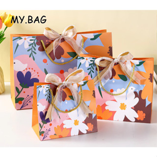 🌻🌻BAG🌻🌻 ถุงกระดาษ ถุงของขวัญ+โบว์ 2 สี ใส่ของรับไหว้ ลายดอกไ…