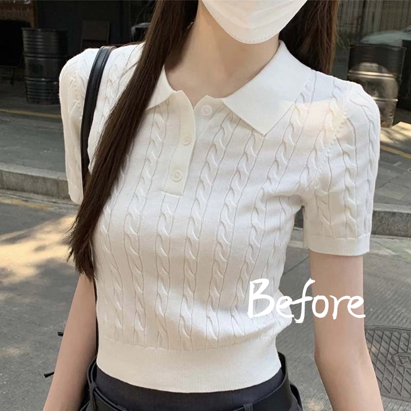 รุ่น POLO เสื้อไหมพรม คอปกแขนสั้น ถักลายเคเบิ้ล ทรงสวย ใส่สบาย BF