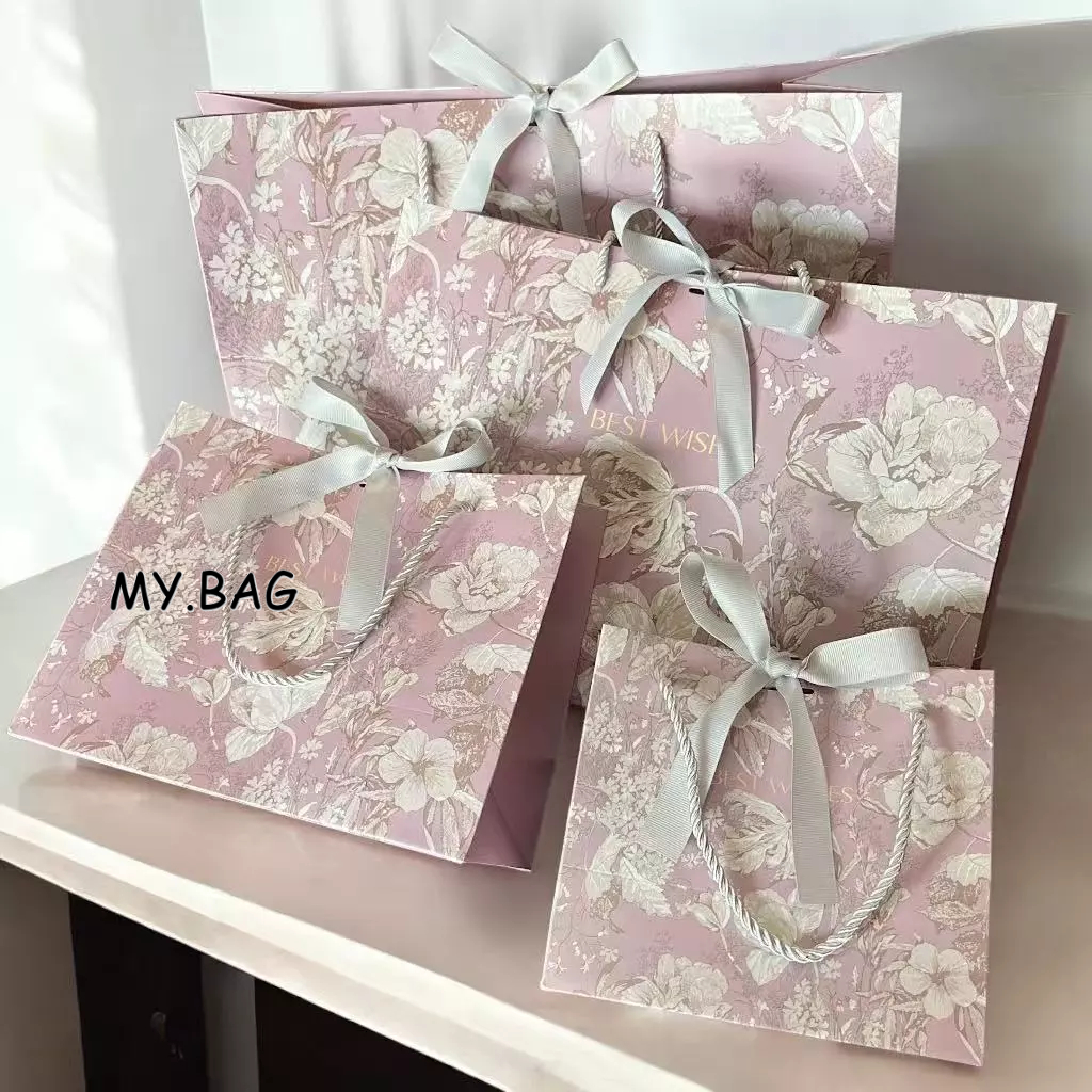 🌷🌷BAG🌷🌷 ถุงกระดาษ BEST WISHES สีชมพูเทา ลายดอกไม้ สุดละมุน ดีไซน์สวย พร้อมริบบิ้น ระดับไฮเอนด์