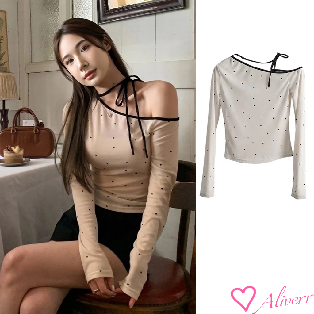 เสื้อครอปแขนยาวปาดไหล่ลายจุด ดีเทลแต่งสายคล้องคอ เข้ารูป ผ้าบางเบา ใส่สบายคิวท์ สไตล์สาวเกาหลี LIVE