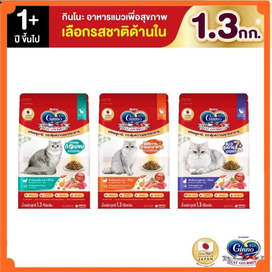 ใหม่! Ginno Dry Health กินโนะ อาหารเม็ดแมว สูตรสุขภาพ 1.3Kg. มี 3 สูตร (อาหารแมว)