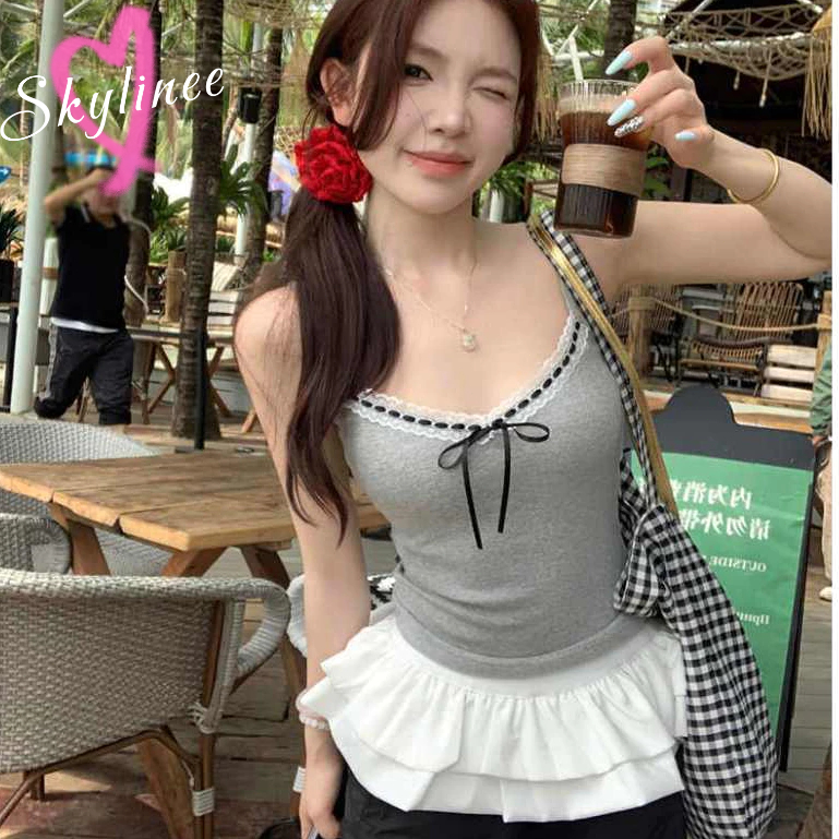 พร้อมส่ง สายเดี่ยว ดีเทลโบว์ขอบลูกไม้ ฟรีไซส์มีฟองน้ำในตัว ยืดได้เยอะ SL