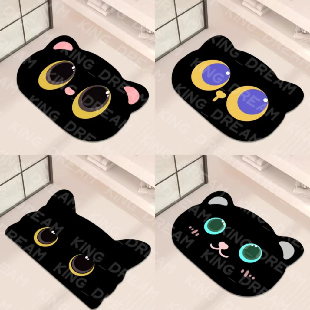 【K&D】พรม แห้งอย่างรวดเร็ว ทำจากวัสดุซิลิโคน เป็นพรมห้องน้ำ ที่มีรูปหน้าแมวดำ และไม่ลื่น พรมยาง