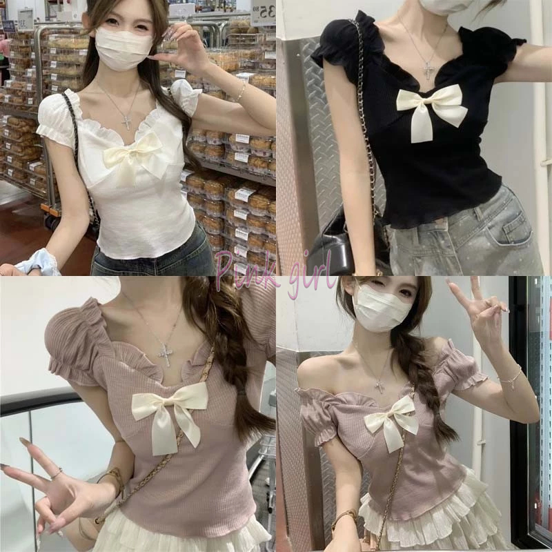 💋Pink girl💋​พร้อมส่ง เสื้อไหมพรม แขนสั้น น่ารักที่สุด ดีเทลสีพาสเทล แถวเข็มกัดโบว์ ขอบหยักๆ 