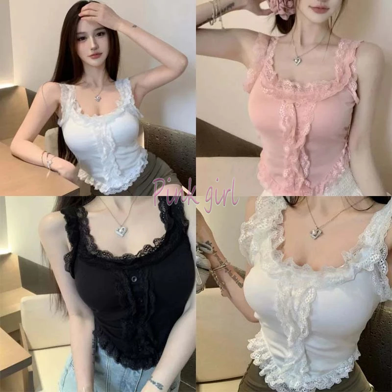 💋Pink girl💋​พร้อมส่ง เสื้อกล้ามสไตล์เกาหลี มีฟองน้ำ แต่งดีเทลขอบลูกไม้ สีพาสเทล "FYA075"