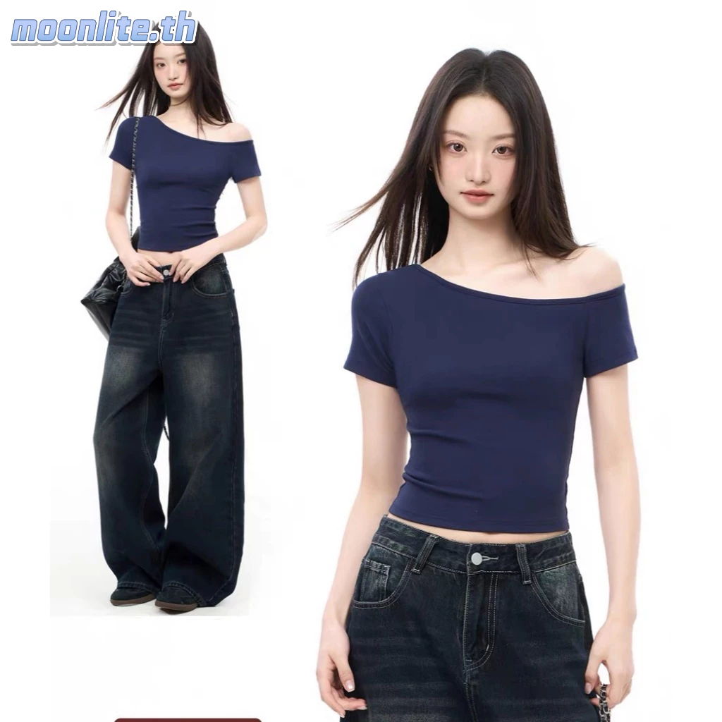 เสื้อยืดแขนสั้นเปิดไหล่สำหรับผู้หญิงในช่วงฤดูร้อนปี 2025 ทรงเข้ารูป ความยาวปานกลาง Moonlite.th