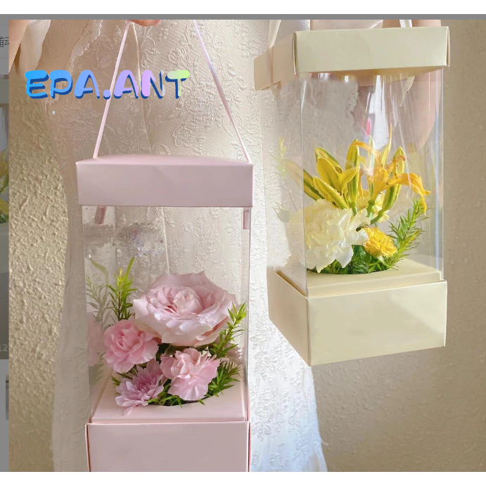 🧁EPA🧁กล่องใส กล่องPVCหูหิ้วริบบิ้นใส่ดอกไม้ ขนาดพกพา สําหรับใส่ช่อดอกไม้ คริสต์มาส วาเลนไทน์