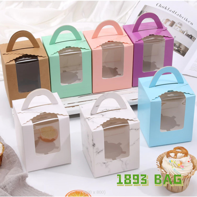 🍭 กล่องขนมคัพเค้ก หูหิ้ว แถมถาดรอง หน้าPPใส ใส่ขนม เบเกอร์รี่ พร้อมส่งในไทย